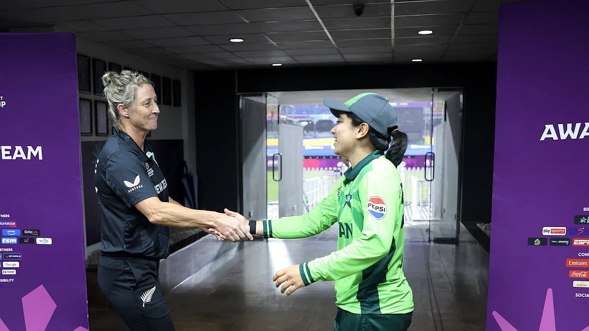 Captains Sophie Devine and Fatima Sana shake hands after the Pakistan Vs New Zealand, ICC Women's World Cup 2025 match was washed out in Colombo. - ICC