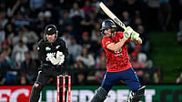 Andrew Cornaga/Photosport via AP : Jos Buttler bats during the first T20 international between New Zealand and England in Christchurch.