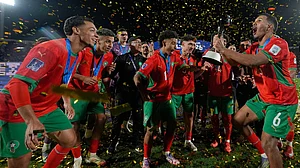 AP : Morocco's Naim Byar and teammates celebrate after winning the FIFA U-20 World Cup final against Argentina in Santiago, Chile.