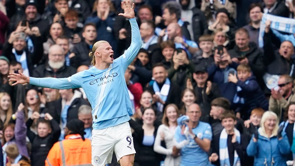 | Photo: AP/Dave Thompson : Manchester City's Erling Haaland celebrates after scoring his side's opening goal during the English Premier League match against Everton in Manchester, England, October 18, 2025.
