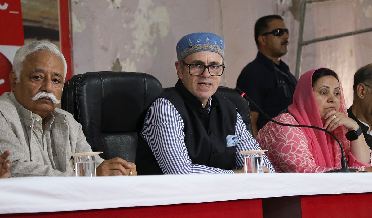 - PTI : Jammu and Kashmir Chief Minister and National Conference leader (JKNC) Omar Abdullah, center, addresses a press conference at the party headquarters, in Jammu, Thursday, Oct. 16, 2025.