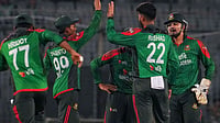| Photo: X/BCBtigers : Bangladesh's Rishad Hossain celebrates a wicket with his teammates during the first ODI match against West Indies at the Shere Bangla National Stadium in Mirpur on October 18, 2025.