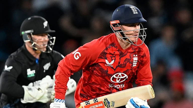 Harry Brook takes a run during the first T20 international between New Zealand and England in Christchurch. - Photo: Andrew Cornaga/Photosport via AP