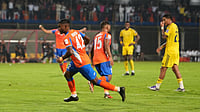 X/FC Goa : Brison Fernandes (left) celebrates after scoring for FC Goa against Al-Nassr in their AFC Champions League Two clash in Margao.