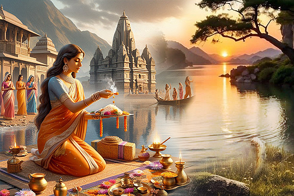 Woman performing Chhath Puja rituals at sunrise near a river with temples in the background.
