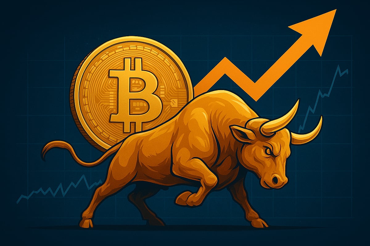 Illustration of a charging bull with a bitcoin symbol behind it