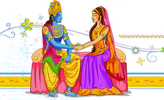 Illustration of Lord Krishna and his sister Subhadra sitting together and holding hands.