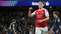 AP/Alastair Grant : Viktor Gyoekeres celebrates after scoring his side's third goal during the Champions League opening phase soccer match between Arsenal and Atletico Madrid.