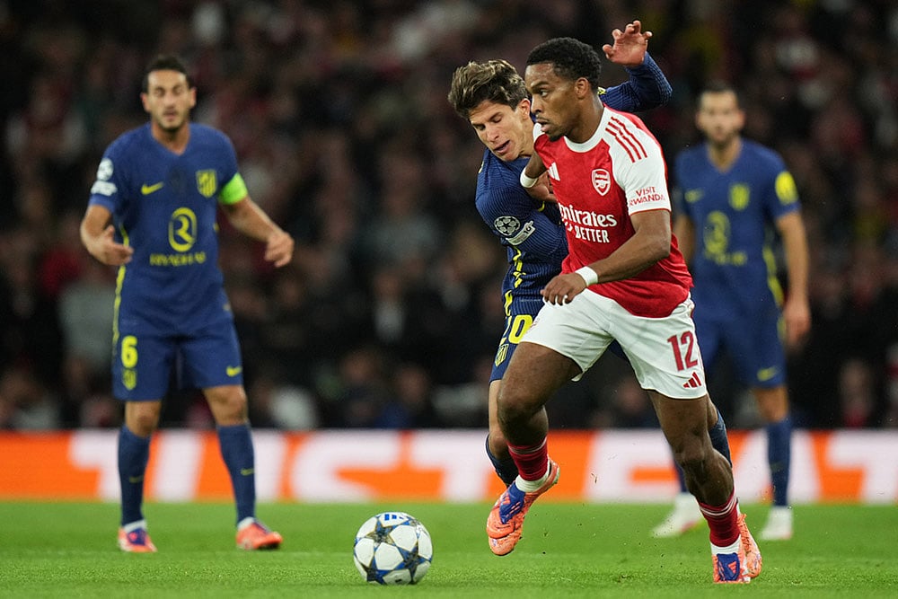 Britain soccer UEFA Champions League 2025-26 Arsenal Vs Atletico Madrid_ Jurrien Timber