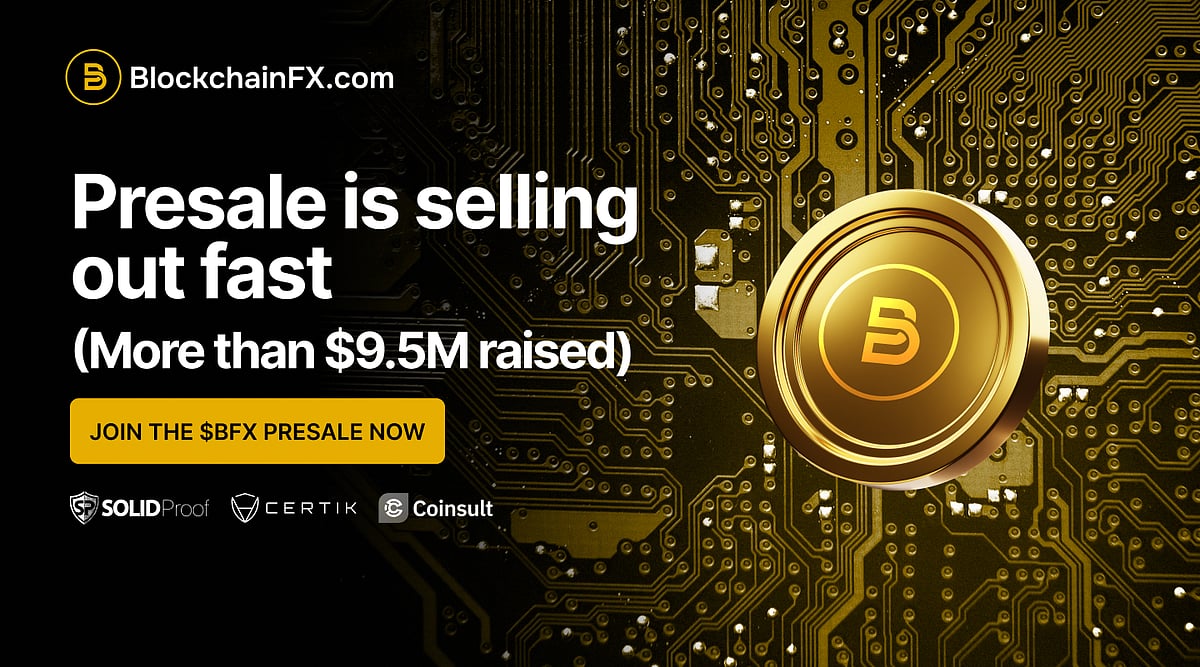 Ad for BlockchainFX.com BFX presale, claiming over $9.5M raised.