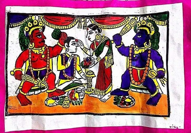 Painting: A woman applies tilak to a seated man, with a red figure and a blue figure looking on.