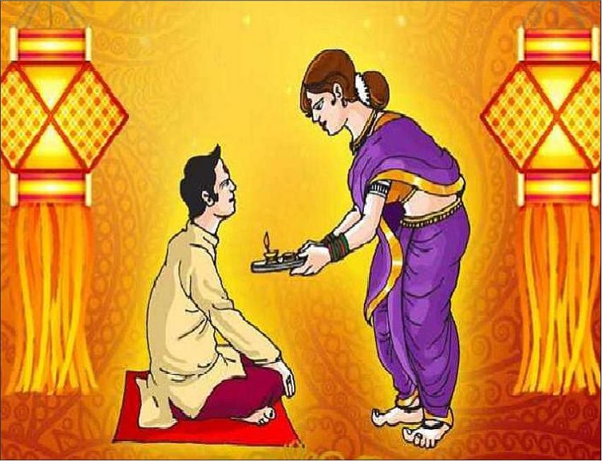 Illustration of a sister performing an aarti ritual for her brother during Bhai Dooj.