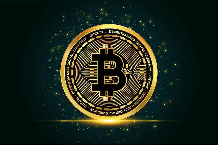 A golden Bitcoin symbol on a dark background.