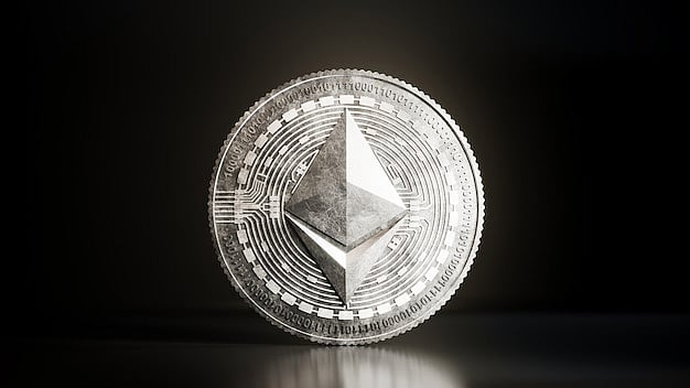 A grayscale image of an Ethereum coin or logo against a dark background.