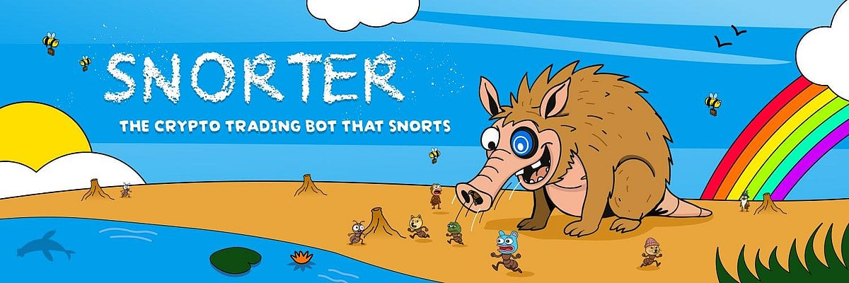 SNORTER crypto trading bot website header with a large, cartoonish warthog and small characters.