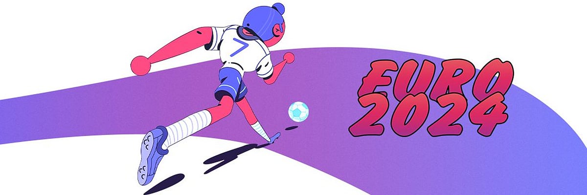 Stylized illustration of a soccer player kicking a ball with EURO 2024 text.