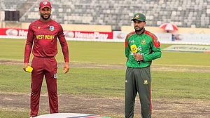 | Photo: X/windiescricket : West Indies captain Shai Hope and Bangladesh captain Mehidy Hasan Miraz at the toss during the third ODI match at the Shere Bangla Cricket Stadium in Mirpur, Dhaka, on October 23, 2025.