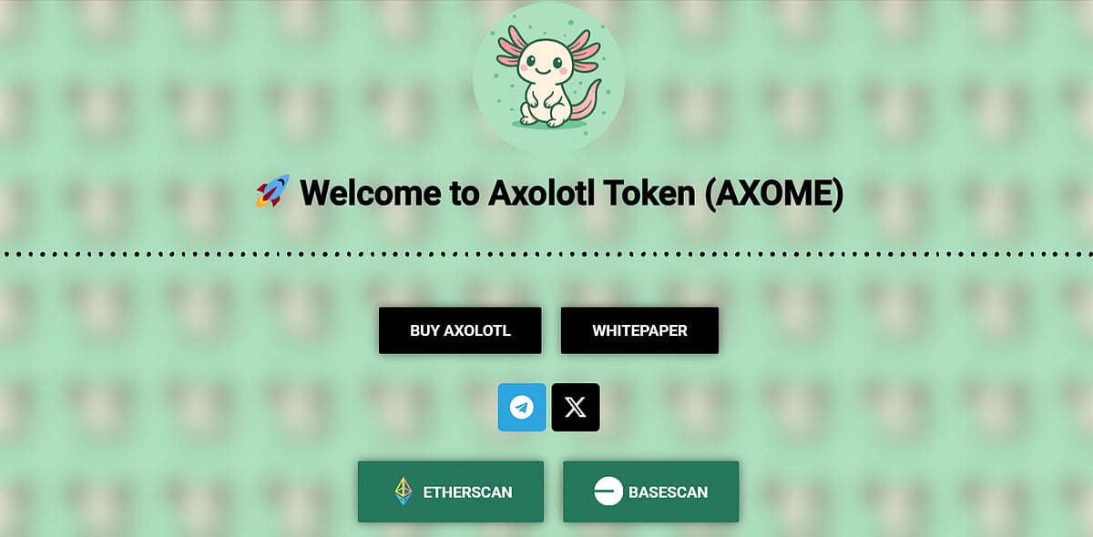 Website for Axolotl Token (AXOME) featuring an axolotl cartoon and buttons for buy.