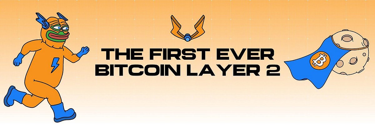 Graphic with text ‘The First Ever Bitcoin Layer 2’ showing cartoon figure and Bitcoin moon