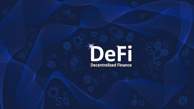 The word DeFi (Decentralized Finance) on a blue background with abstract waves and bubbles.