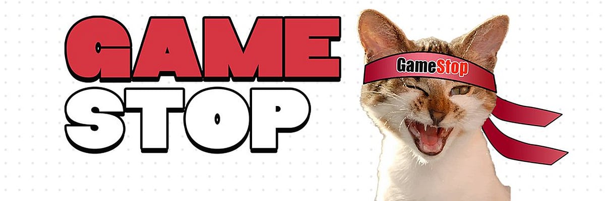 GAME STOP text in red and white with a cat wearing a GameStop headband on the right.