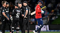 | Photo: AP/Andrew Cornaga                                           : England's Harry Brook walks from the field after he was dismissed during the T20 cricket international between New Zealand and England in Christchurch, New Zealand, Saturday, Oct.18, 2025.