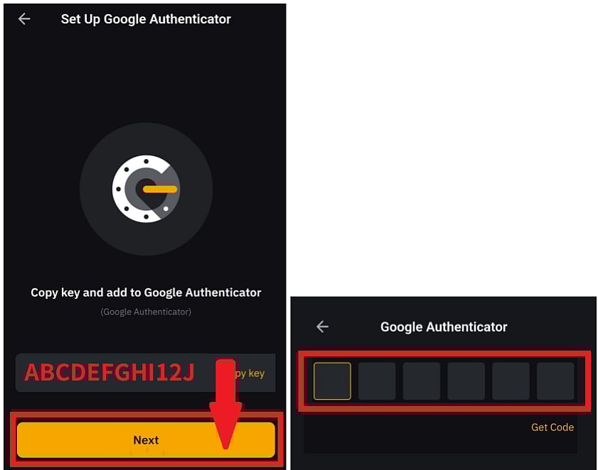 Set Up Google Authenticator with a secret key and the Google Authenticator OTP input screen.