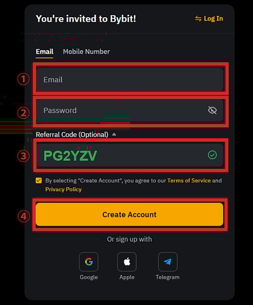 Bybit sign-up screen.