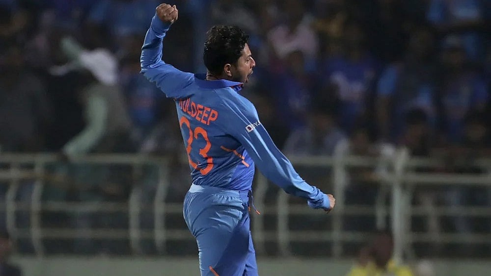 File Photo : Kuldeep Yadav celebrates after taking a wicket in an ODI match