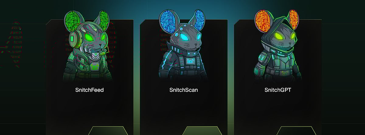 Three dark, futuristic mouse characters labeled SnitchFeed, SnitchScan, and SnitchGPT.
