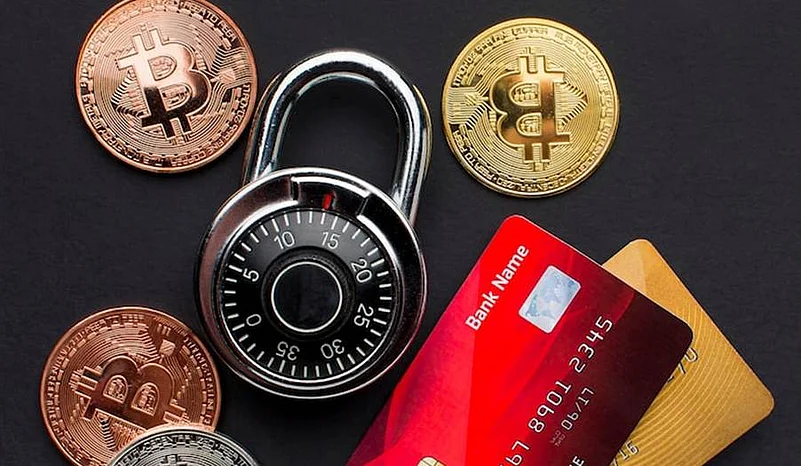Illustration of Crypto coins, lock and credit cards