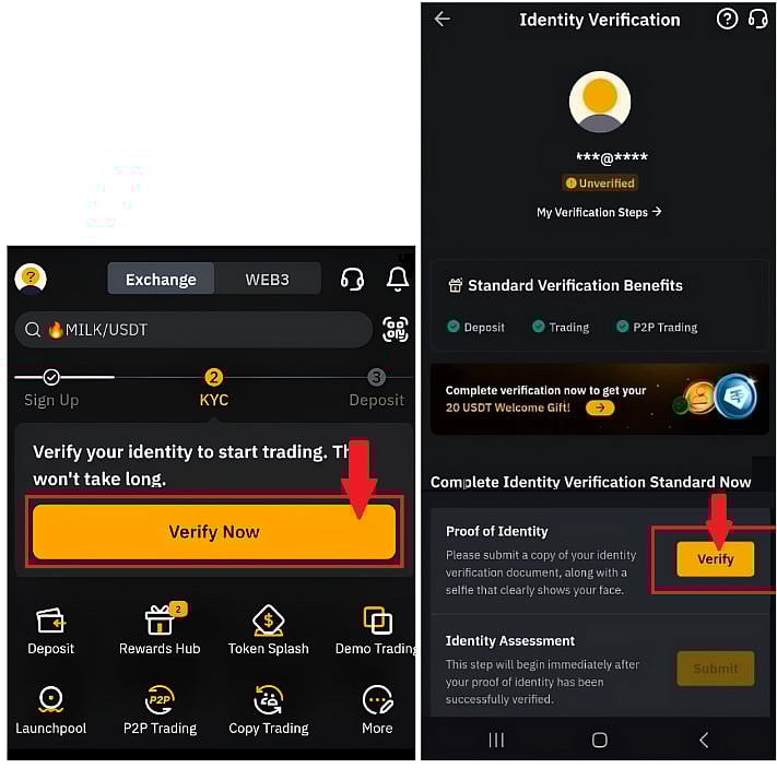 Crypto exchange showing prompts to Verify your identity and Identity Verification Standard Now.