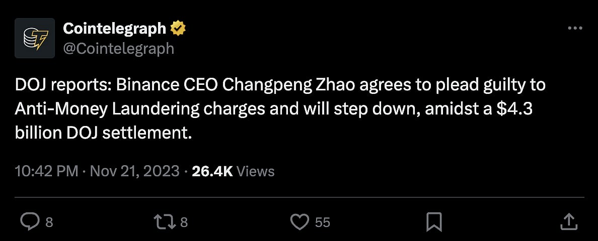 A tweet from Cointelegraph