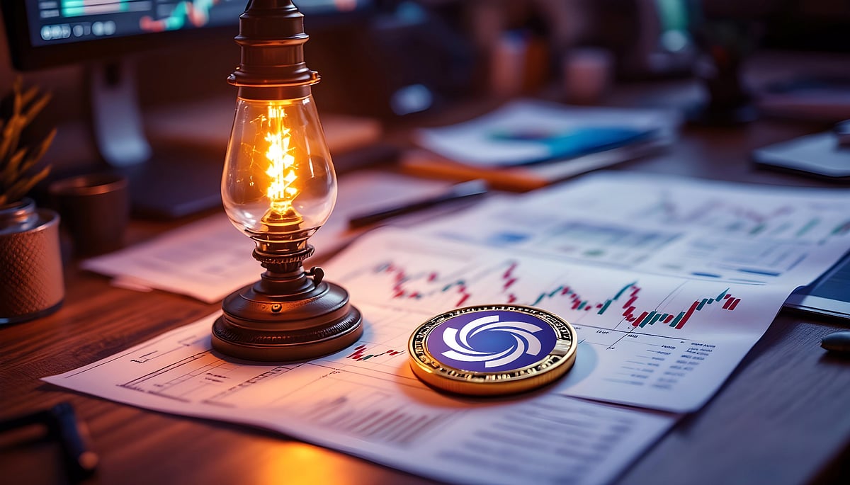 A crypto coin with a blue and white logo on a document with stock charts, next to a lamp.