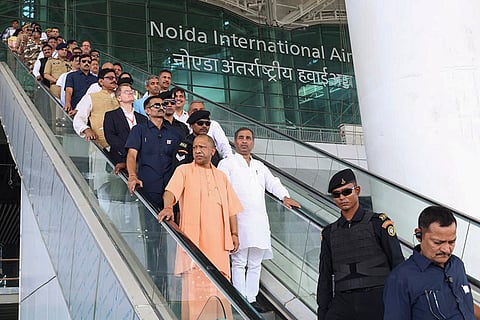 Uttar Pradesh Chief Minister Yogi Adityanath inspects the newly constructed Noida International Airport, at Jewar in Gautam Buddha Nagar district, UP.
