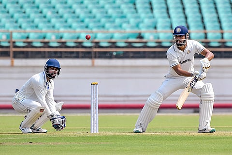 Saurashtra's Chirag Jani plays a shot during the Ranji Trophy cricket match between Saurashtra and Madhya Pradesh, at Niranjan Shah Stadium, in Rajkot, Gujarat.
