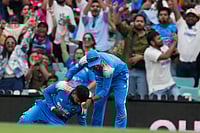 | Photo: AP/Rick Rycroft : India's Shreyas Iyer, left, is injured after catching out Australia's Alex Carey during their One Day International cricket match in Sydney, Australia.