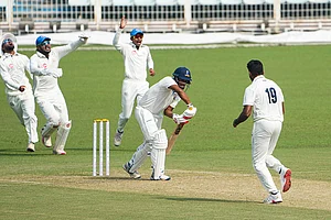 | Photo: PTI/Swapan Mahapatra : Gujarat's Chintan Gaja celebrates after dismissing Bengal's Sudip Chatterjee during the first day of the Ranji Trophy cricket match between Bengal and Gujarat, at Eden Gardens, in Kolkata, West Bengal.
