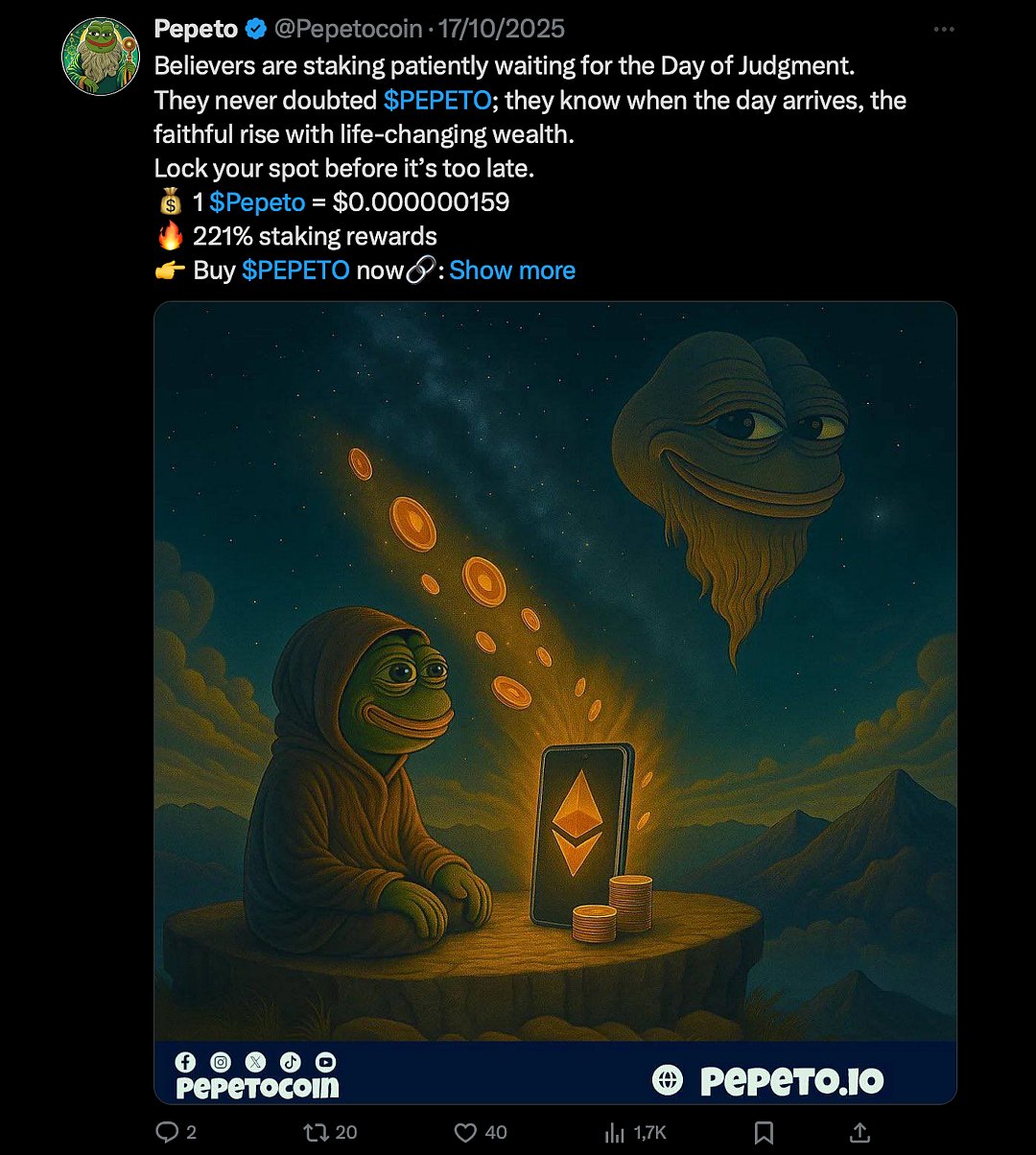 A tweet about $PEPETO coin staking, with a cartoon frog character and floating crypto coins
