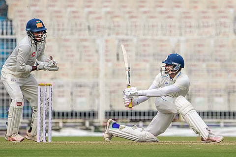 Bengal's Abishek Porel plays a shot during the first day of the Ranji Trophy cricket match between Bengal and Gujarat, at Eden Gardens, in Kolkata, West Bengal.