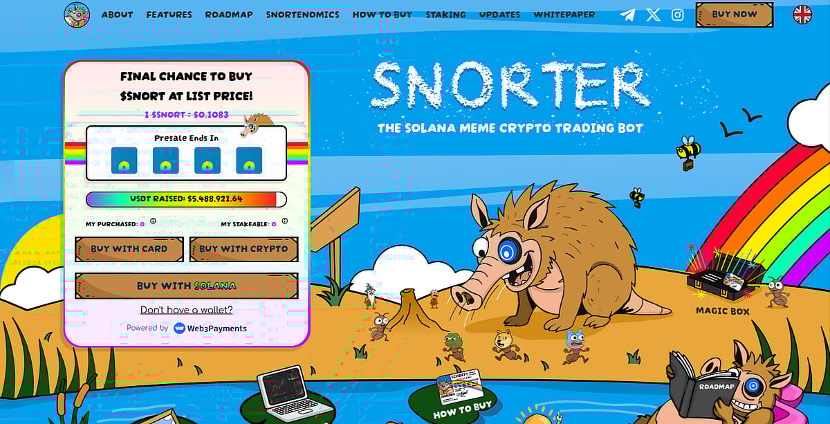 Snorter Solana meme crypto trading bot website with a presale interface.