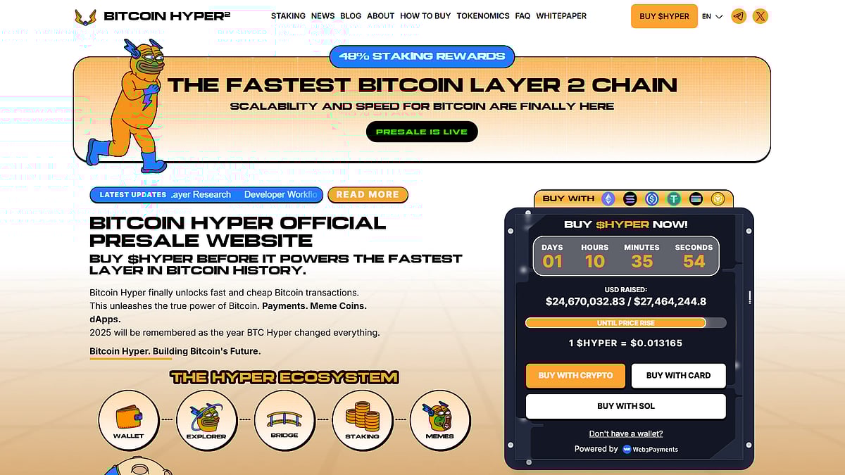 Bitcoin Hyper website with text The Fastest Bitcoin Layer 2 Chain and a presale countdown.