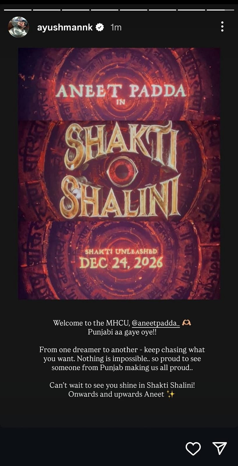 Ayushmann Khurranas post for Aneet Padda