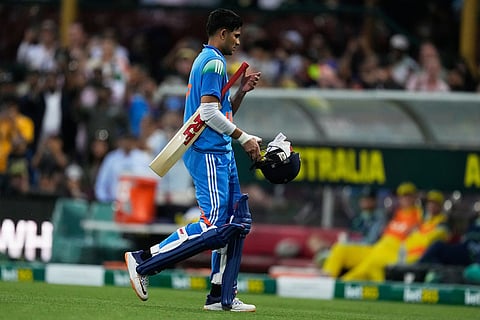 India's Shubman Gill walks off after losing his wicket to Australia during their One Day International cricket match in Sydney, Australia.