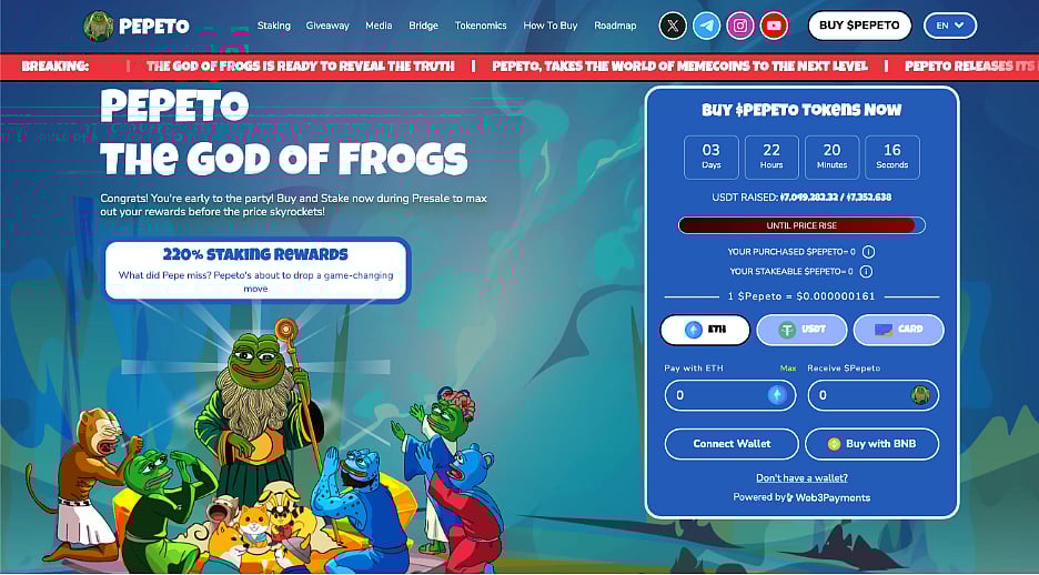 PEPETO: THE GOD OF FROGS, featuring cartoon frogs.
