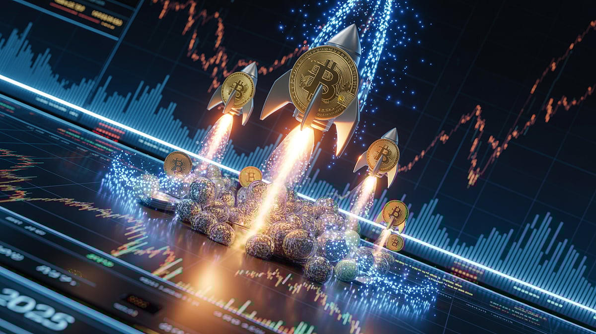 Three Bitcoin-themed rockets taking off over a glowing blue and gold financial chart.