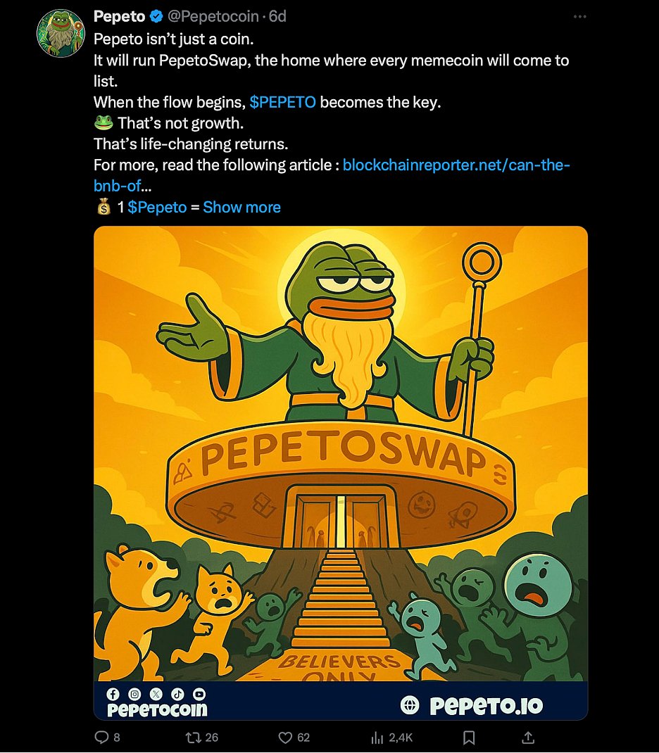A wizard Pepe the Frog stands on a platform labeled PepeToSwap with a golden staff.