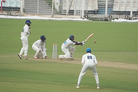 Bengal's Sumanta Gupta plays a shot during the first day of the Ranji Trophy cricket match between Bengal and Gujarat, at Eden Gardens, in Kolkata, West Bengal.
