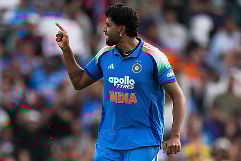 India's Harshit Rana celebrates after bowling Australia's Josh Hazlewood during their One Day International cricket match in Sydney, Australia.