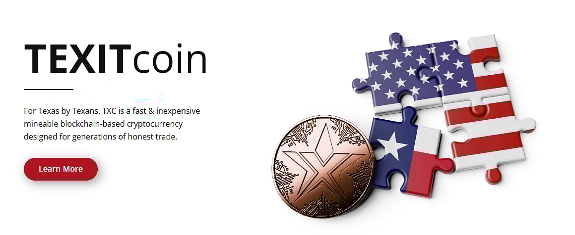 TEXITcoin (TXC) text, a coin, and US/Texas flag jigsaw puzzle pieces.